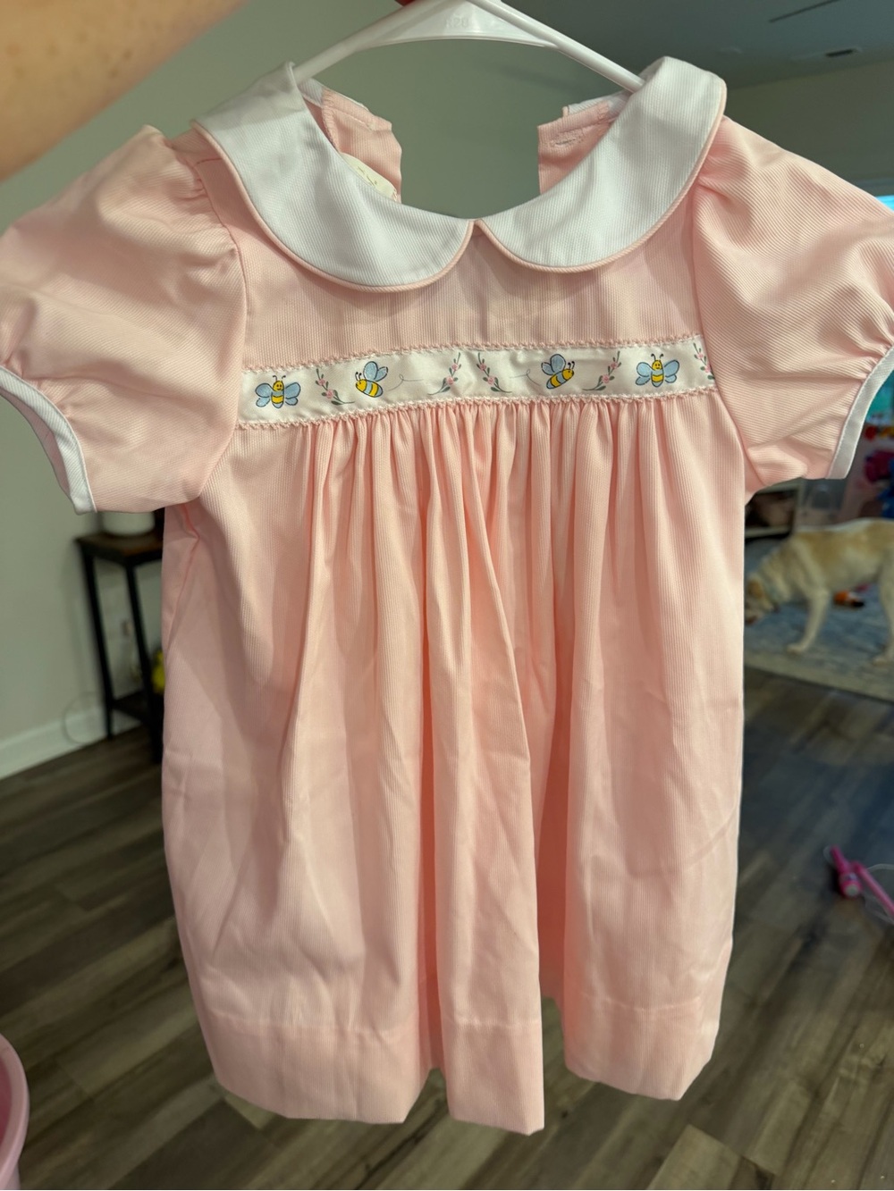 Pink Smocked Baby Dress with Embroidered Flower Trim
